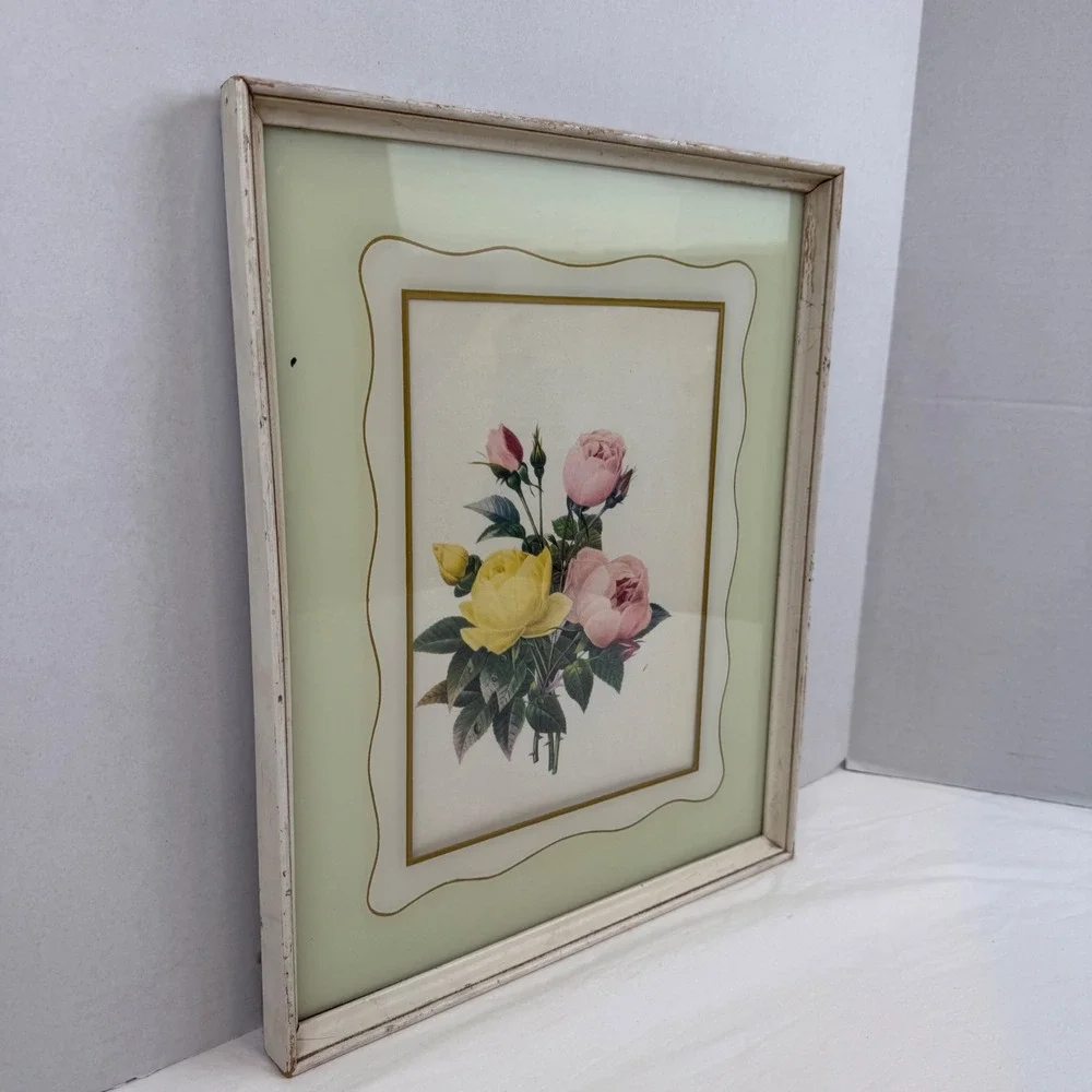 Vintage Botanical Rose Floral Print Distressed White Framed Wall Art 13x17